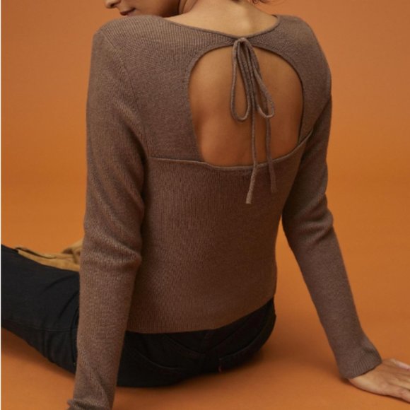 Anthropologie Taupe Open-Back Knit Top - Picture 1 of 7